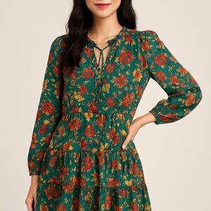 NWT Frye Green Botanical Floral Dress Sz S Peasant Ruffles Tiered Tassles Boho *